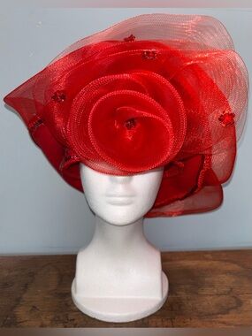 Women’s Hat 100% Wool Elegant Red Floral Rose Mesh Statement Derby Church